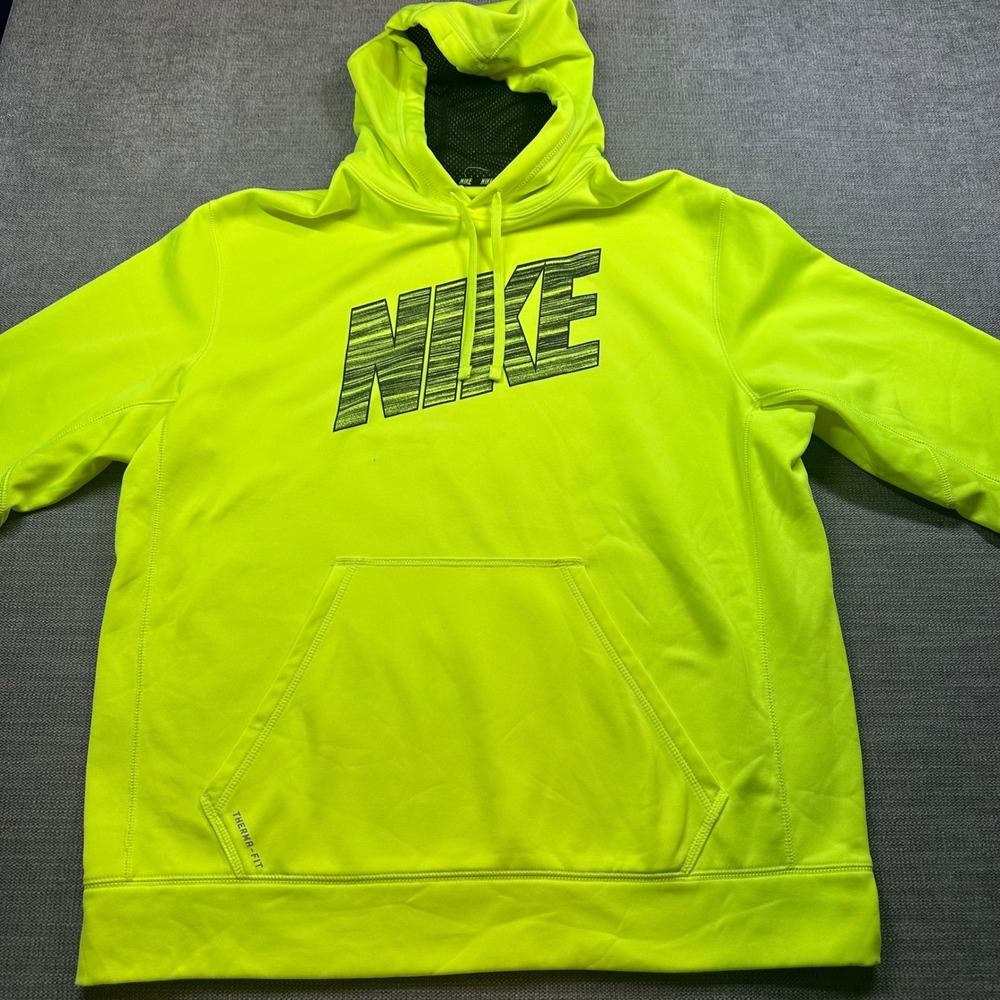 Nike Hoodie‎ Mens XL Neon Yellow Therma-FIT Graphic Logo Pullover Sweatshirt